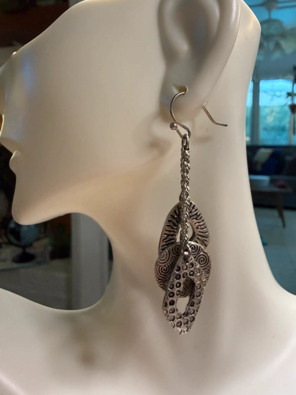 Triple Chain abstract dangle earrings silver tone
